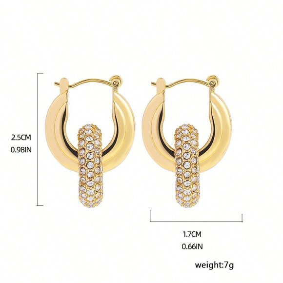 Yellow Gold Women's Gold Color Zinc Alloy Full Diamond Inlaid Hoop Earrings - Picture 5 of 5